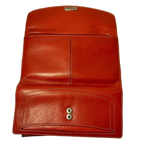 Fossil Genuine Leather Wallet Red Tri Fold 12 Card Slots Checkbook Flawed READ - Picture 3 of 16